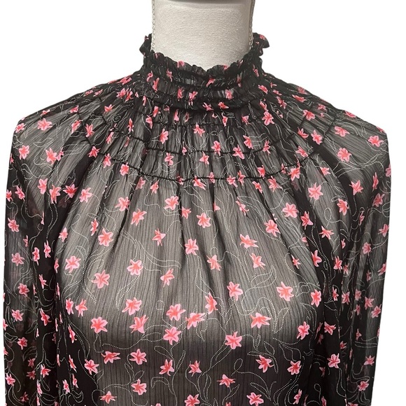 Elizabeth and James Blouse Sz M Woman’s High Neck Black Pink Floral Ribbed Sheer - Picture 6 of 16